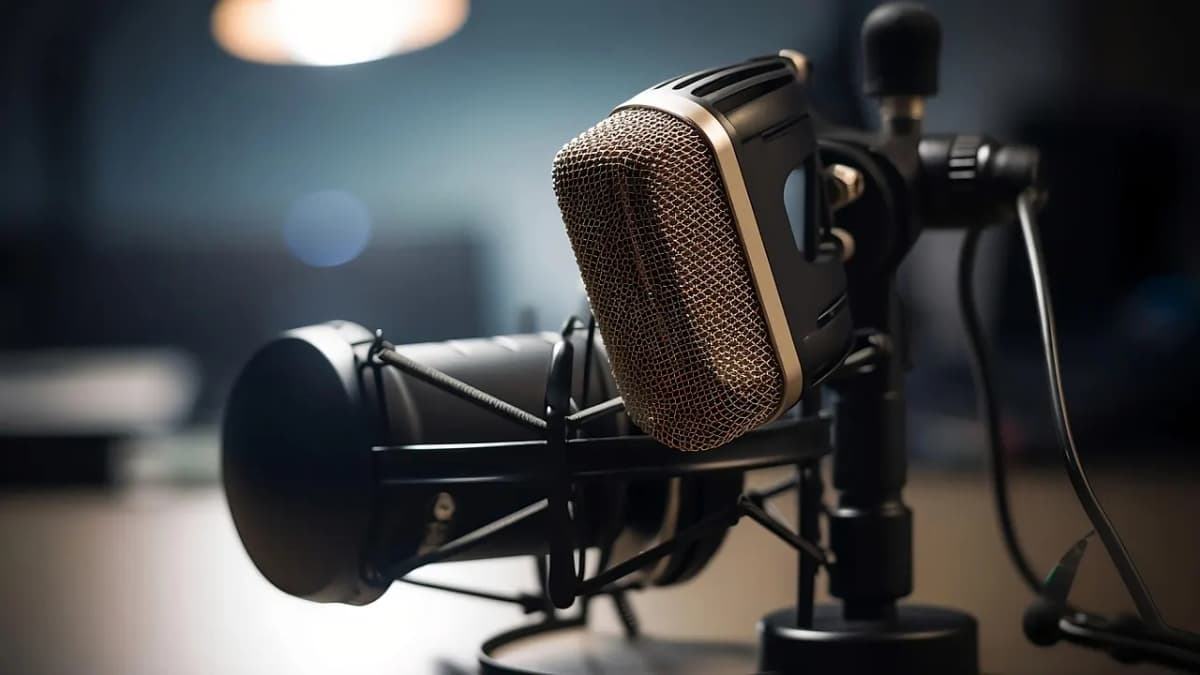 Studio microphone on a stand lit by soft light in a dark podcast studio
