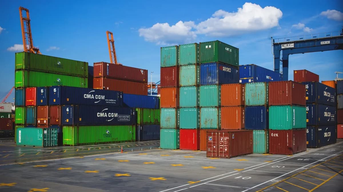 Stacks of colourful shipping containers in a port yard