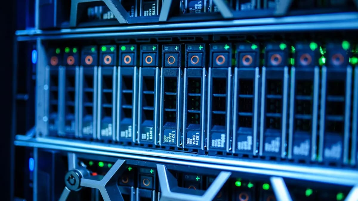 Rack of servers lit in blue in a data centre