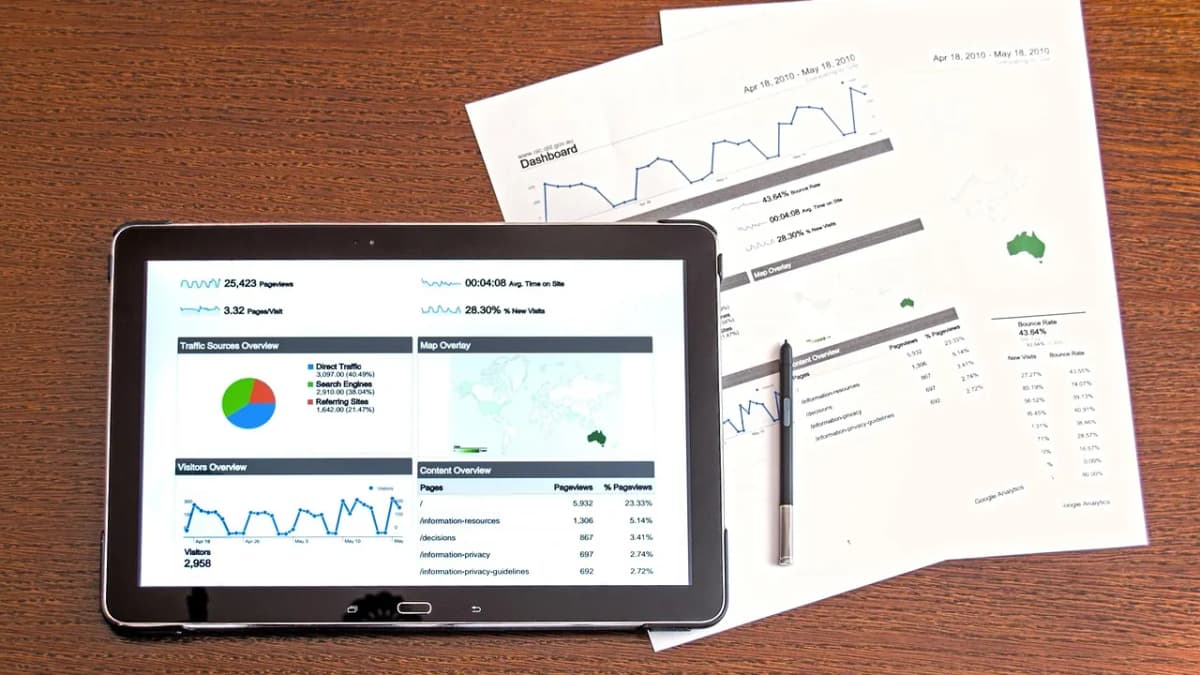 Tablet showing an analytics dashboard on a desk with printed charts